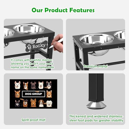SHAINFUN Metal Elevated Dog Bowls Stand for Large Dogs with Mat & Three 58oz Food Water Bowls, Adjustable Height Raised Dog Bowl Stand - color: Black-1.7L-Three