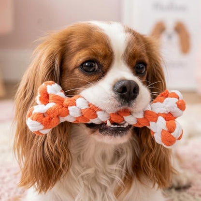 Bone-Shaped Dog Rope Chew Toy, Orange & White | Bone-Shaped Chew Toy, Durable Cotton Rope, For Teething, Training, Interactive Play, Small to Medium Dogs