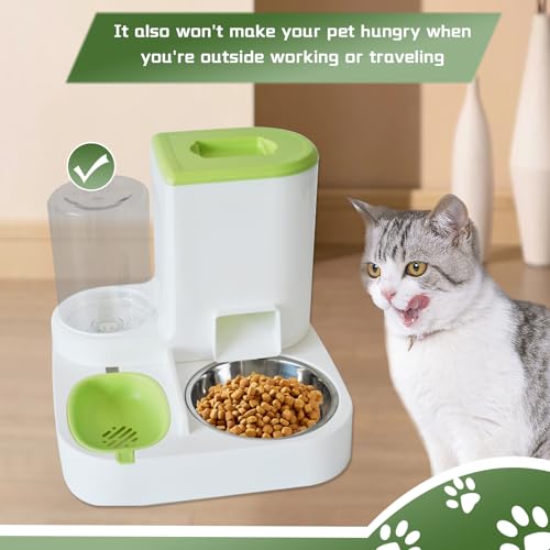 2 in 1 Automatic Cat Feeder & Water Dispenser,Gravity Pet Feeder Stainless Steel Food Water Bowl All-in-One Large Capacity Self Feeding for Cats Dogs Small Medium Pets(Green) - color: 【Green】