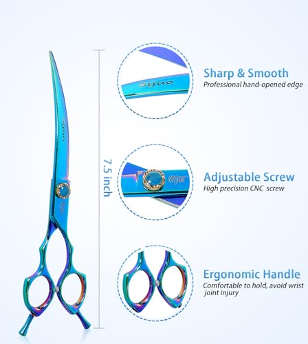 7.5'' Dog Curved Scissors for Grooming, Professional 440C Stainless Steel Pet Trimming Shears with Silent Buffer, Sharp Grooming Scissors for Sensitive Dogs, Cats, Face & Paws (Green) - style: Curved
