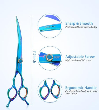 7.5'' Dog Curved Scissors for Grooming, Professional 440C Stainless Steel Pet Trimming Shears with Silent Buffer, Sharp Grooming Scissors for Sensitive Dogs, Cats, Face & Paws (Green) - style: Curved