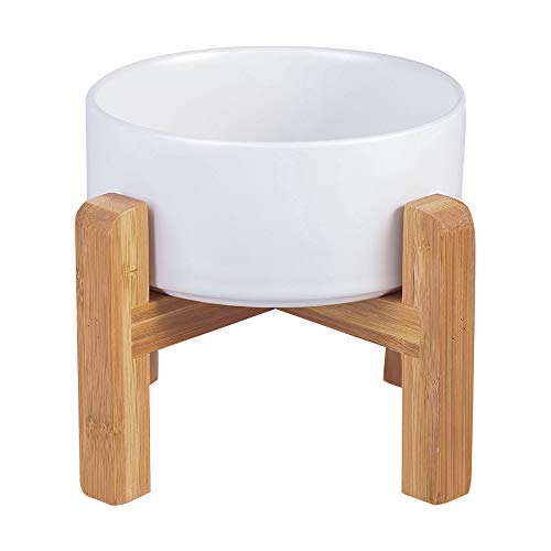 Ceramic Elevated Raised Cat Bowl with Wood Stand No Spill Pet Food Water Feeder Cats Small Dogs - color: White, size: Medium