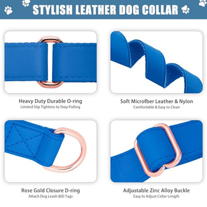 Soft Leather Martingale Dog Collar - Adjustable Rose Gold Limited Slip Collars [Easy to Clean], Stylish Durable Heavy Duty Nylon No Pull Training Collar for Small Medium Large Dogs XS Dark Blue - color: Dark Blue, size: XS (Neck 8"-11", Width 3/5")