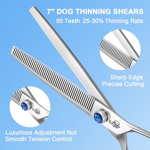 7" Thinning Shears for Dogs – 50 Teeth Thinning Scissors for Pet Grooming, Precision Blending Scissors for Dogs and Cats, 440C Stainless Steel, Texturizing Shear with Comfortable Grip - style: Blue Blender