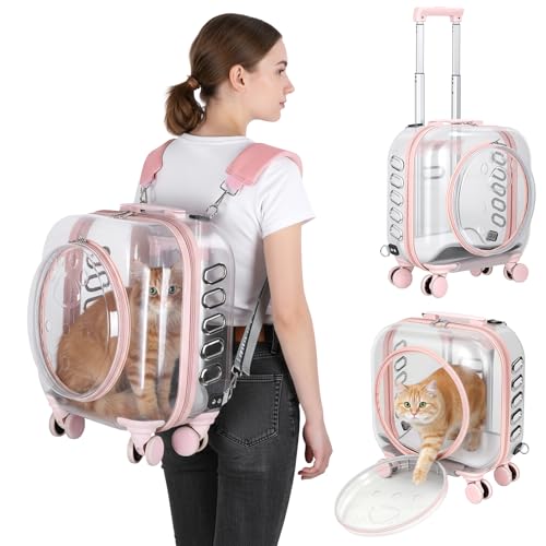 Portable Pet Carrier Trolley Box - Ventilated PC Travel Carrier with Silent Shock-Absorbing Wheels, Telescopic Handle for Cats, Small Dogs, Puppies - Outdoor Hiking, Camping, Car & Airline A - color: Pink