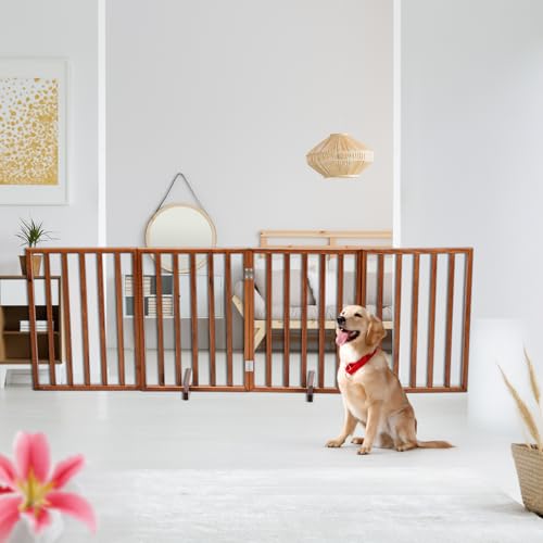 Dog Gates for Doorways,24" Freestanding Pet Gate 4-Panel Wooden Dog Fence with 2 Support Feet Foldable Pet Gate No Assembly Required Pet Fence Indoor for Stairsways Hallways Entrance Brown