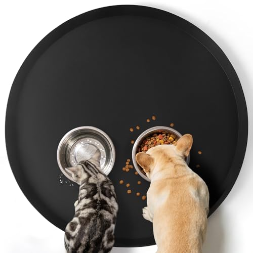 20" Silicone Pet Food Mat, Waterproof Feeding Mat for Dog & Cat Extra Large Dog Bowl Mats with Raised Edge, Non-Slip, Protects Floors, Easy to Clean (Black) - size: 1pcs