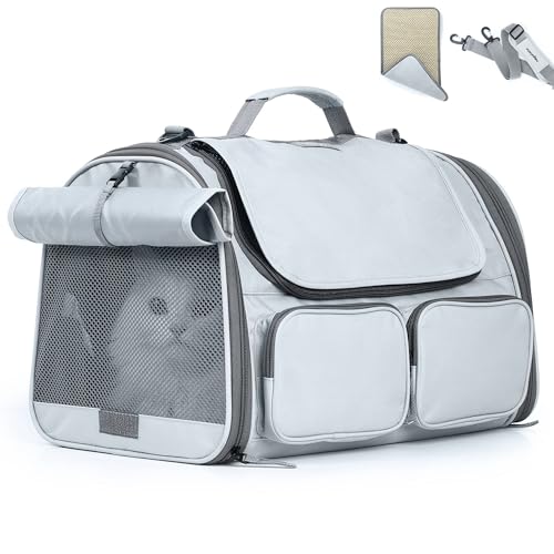 FUKUMARU Cat Carrier, Soft-Sided Small Dog Carrier, Large Cat Travel Bag with 4 Mesh Windows, Under 15 lb Airline Approved Pet Carrier with 4 Storage Pockets, Rollable Cover for Nervous Cats, Grey - color: Ash Grey