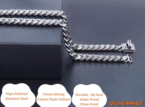 Heavy Duty Cuban Link Chain Dog Collars 15MM Gold/Silver Stainless Steel Metal Walking Training Collars with Cute Secure Design Buckle, Chew Proof, for Large Medium Small Dogs (Silver, 24'') - color: Silver, size: 24inches