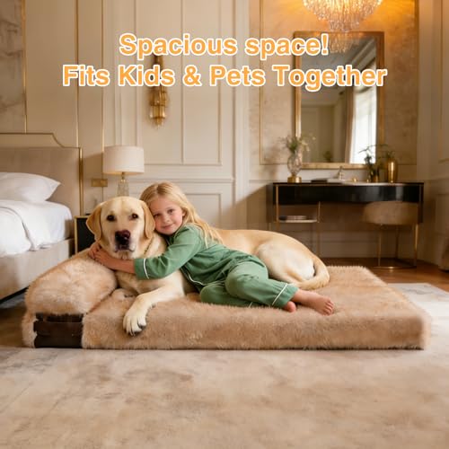 XXXL Dog Bed for Giant Breeds, Washable Faux Fur Sofa Couch with Removable Cover, Orthopedic Egg Crate Foam & Bolster Pillow, Non-Slip Waterproof Base, 52.3"x41.3"x3.8" - size: 53''L*42''W*3.8''Th