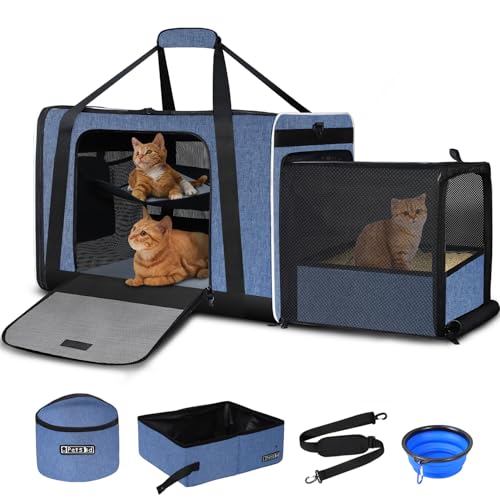 Petskd Side Expandable Extra Large Cat Carrier with Litter Box Area, 24"x17"x17" Soft-Sided Pet Carrier for 2 Cats Under 55 lbs with Zipper Locks for Car Travel(Blue) - color: Blue
