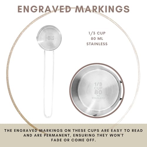 1/3 Cup Stainless Steel Measuring Cup, Long 6" Wire Loop Handle and Pour Spout | Sturdy Metal 80 ml | 80 cc | 3 oz | Single Cup for Wet and Dry Ingredients | Great for use as 1/3 Cup Dog Food Scoop - size: 1/3 Cup Long Handle