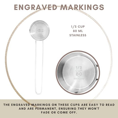 1/3 Cup Stainless Steel Measuring Cup, Long 6" Wire Loop Handle and Pour Spout | Sturdy Metal 80 ml | 80 cc | 3 oz | Single Cup for Wet and Dry Ingredients | Great for use as 1/3 Cup Dog Food Scoop - size: 1/3 Cup Long Handle