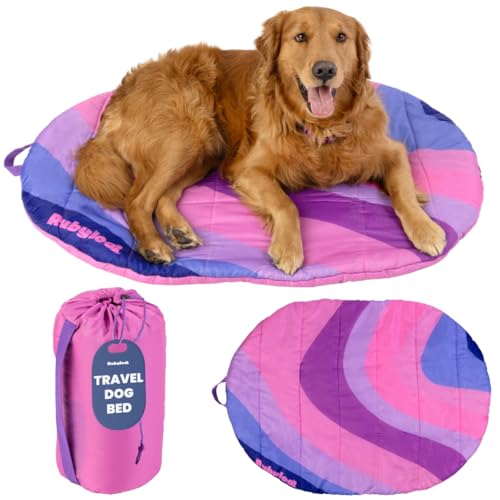 Travel Dog Bed (42" x 30") – Foldable & Packable for Travel, Road Trip, Camping – Lightweight, Water Resistant & Cozy Soft Padding – Compact, Portable & Machine Washable – Medium & Large Breeds: Pink - color: Pink Horizon, size: Large