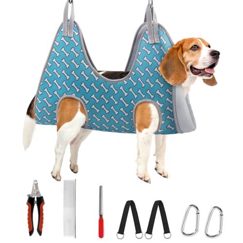 Supet Dog Grooming Hammock Harness for Dogs Cats, Relaxation Pet Nail Clipper Hammock, Restraint Dog & Large Animal Leashes Sling for Groomingk for Nail Trimming (Coral Blue, L) - color: Coral Blue, size: L（ Max 60 Lb：Leg space: 10.8"-21.0"）