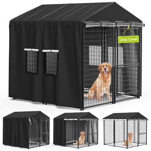 Outdoor Dog Kennel Cover 4.2'D x 4.2'W x 4.5'H Black Full Coverage with Transparent PVC Window and Breathable Mesh All-Weather Protection for Multiple Brands of Kennels Only Cover - size: 4.2'D x 4.2'W x 4.5'H