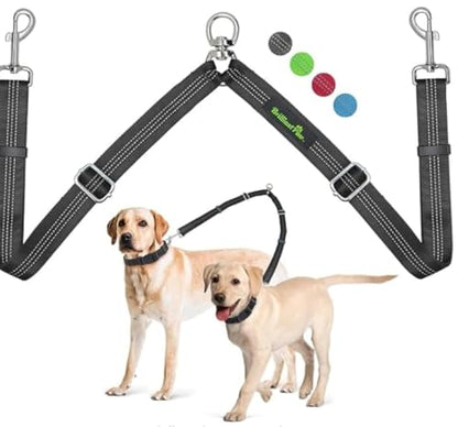 Double Dog Leash Coupler, No Tangle 360° Swivel Adjustable Reflective Dog Leash Splitter for 2 Dogs, Heavy Duty Shock Absorbing Bungee Lead Extension for Small Medium Large Dogs