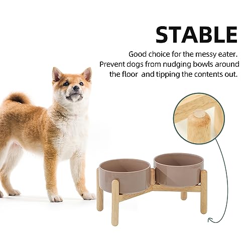 Havniva 6.1inch Ceramic Raised Dog Bowl with Stand, Double Dog Bowls Elevated for Small and Medium Breed Dog Food and Water Bowl Set Non-Slip Dog Dish Large Capacity Feeding Pet Water Bowl - color: 2 Bowls+Stand - Brown Coffee, size: 6.1inch