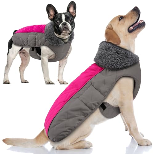 Doglay Dog Coat, Waterproof Dog Jacket Pet Winter Coat for Cold Weather with Thicken Furry Collar, Reflective Puppy Winter Jacket Warm Fleece Lining for Small Medium Large Pets - color: Grey and Pink, size: S(Chest : 11-18.11" , Back : 9.84")