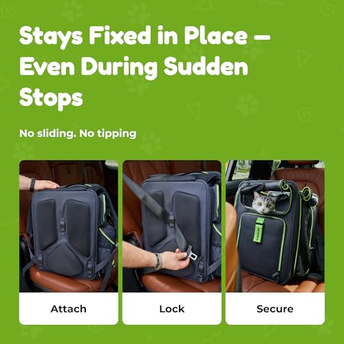 Premium Expandable Cat Carrier Backpack with Car Seat Belt Safety System – Rigid Frame Pet Carrier Backpack for Cats & Small Dogs up to 25 lbs – Breathable, Durable – Includes Bottle & Feeding Bowl - color: gray/green