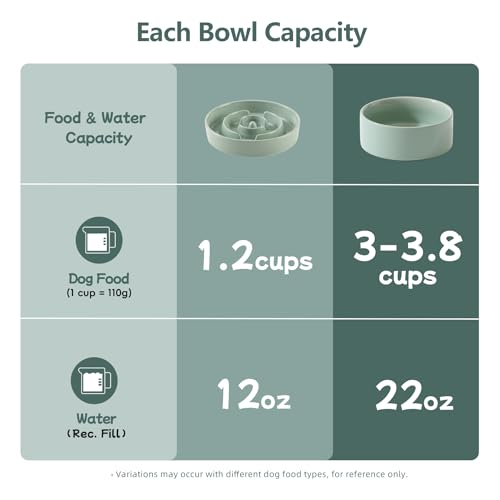 Havniva 7.3” Raised Slow Feeder Dog Bowls Set, 1.2 Cups Ceramic Slow Feeder Dog Bowl and 6.1” Dog Water Bowl with Elevated Wooden Stand Puzzle Dog Food Bowl for Small Dogs Anti-Gulping & Anti-Choking - color: 2 x Light Green+Stand-A, size: 7.3inch