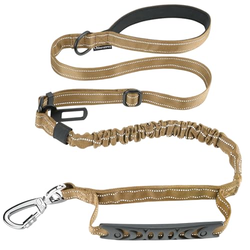Tactical 강아지 목줄 튼튼함, 1.2-1.8m(4-6피트) 충격 흡수 번지 개 목줄, 반사 밀리터리 스트롱 당김 없는 강아지 목줄, 패딩 손잡이 2개 및 자동차 안전벨트 포함, 중형견용, 카키 - color: 카키