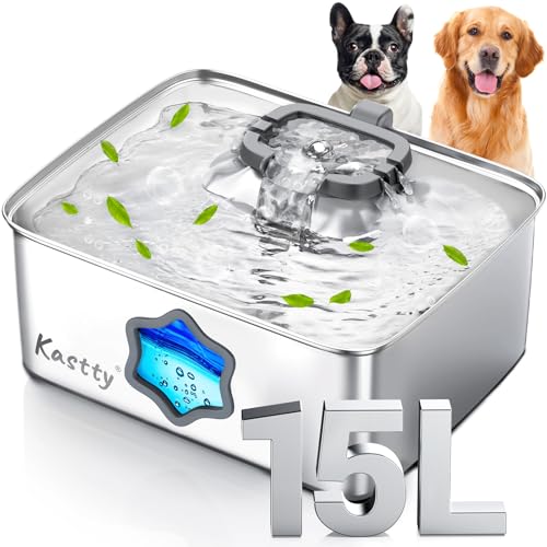 Kastty Large Dog Water Fountain, 15l/4gal Stainless Steel AUTO Pet Water Bowl Dispenser Indoor, 5-Stage Filtration, Dual-Color LED, Visual Window, Quiet, for Large Medium Dogs & Multi-Pet, FS81
