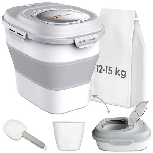 Dog Food Storage Container 30-35 lb, Airtight Collapsible Cute Dog Food Container with Wheels & Scoop, Stackable Pet Food Storage Container for Dog & Cat Food - color: Grey & White
