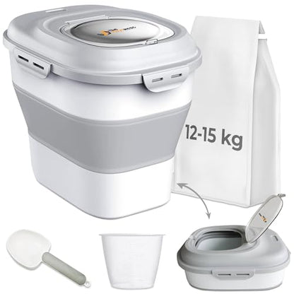 Dog Food Storage Container 30-35 lb, Airtight Collapsible Cute Dog Food Container with Wheels & Scoop, Stackable Pet Food Storage Container for Dog & Cat Food - color: Grey & White