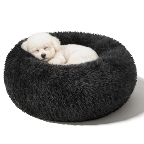 Dog Calming Beds for Small Medium Large Dogs - Round Donut Washable Puppy Dog Bed, Anti-Slip Faux Fur Fluffy Donut Cuddle Anxiety Cat Pet Bed(24'' Black) - color: Black, size: 24"L x 24"W x 8"Th
