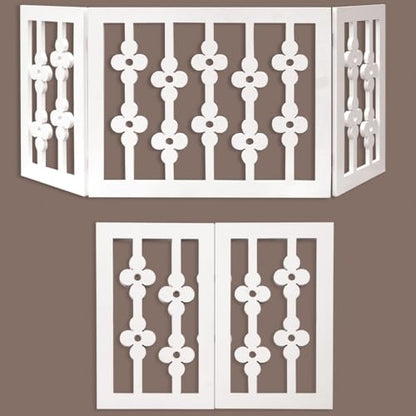 Etna White Floral Wooden Pet Gate - Freestanding Foldable Adjustable 3-Section Dog Gate. Extra Wide, Keeps Pets Safe Indoors/Outdoors - Fully Assembled
