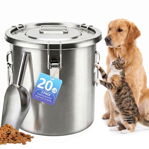 20LB Stainless Steel Dog Food Storage Container with Lid & Scoop, Large Dog Food Storage Container for Dry Pet Food, Metal Dog Food Container, Pet Food Storage Container for Kibble - size: 20LB