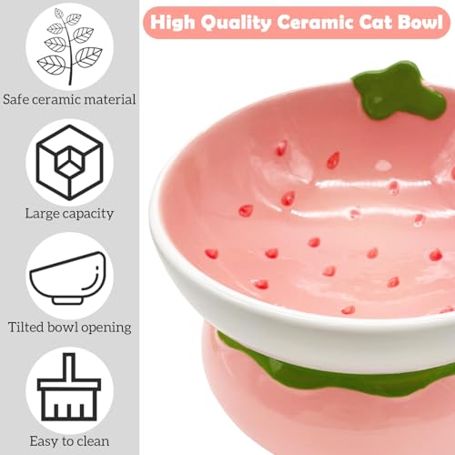 Hamiledyi Ceramic Raised Cat Bowls 15° Tilted Elevated Kitten Food Water Bowl Shallow Whisker Fatigue Kitty Dish Fruit Pet Feeding Bowls Feeder for Indoor Cats Small Dog (Pink Strawberry)