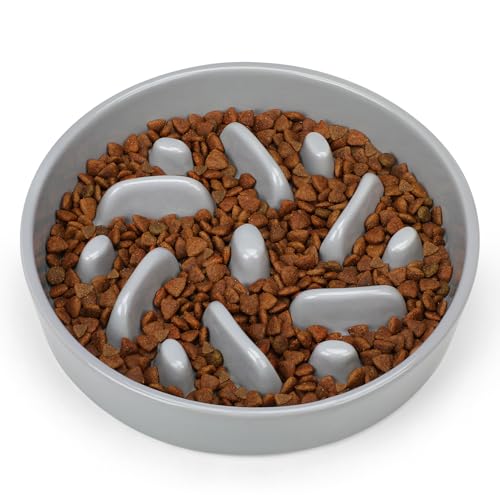 Ceramic Slow Feeder Dog Bowl, 2 Cups Dog Food Bowls for Small, Medium, and Large Breed, Anti-Slip Puzzle Food Dish to Slow Down Eating (Grey, 2 Cups) - color: Maze - Grey
