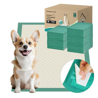 Gardner Pet Puppy Pee Pads Large 18"x24", 50 Count, Dog Pee Pads with Adhesive Sticky Tape, Max Absorbency, Leak Prevention Disposable Training Bed Pad for Doggie, Cats, Rabbits, Crate/Cage - size: 18" x 24" (50 Ct)