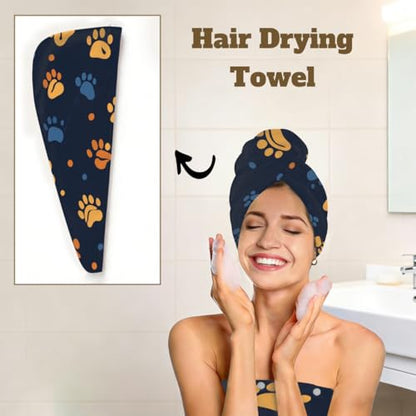 Dog Paw Orange Blue Microfiber Bathrobe and Hair Towel Wrap Set for Women Quick Dry Shower Towels Wrap Absorbent Soft Bath Robe and Hair Drying Cap for Spa After Shower
