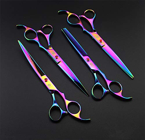 Purple Dragon Professional 7.0 inch 4PCS Pet Grooming Scissors Kit Japan Premium Steel Straight & Curved & Thinning Blade Dog Hair Cutting Shears Set with Case - color: Rainbow