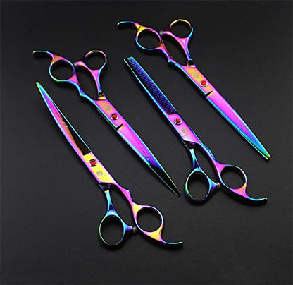 Purple Dragon Professional 7.0 inch 4PCS Pet Grooming Scissors Kit Japan Premium Steel Straight & Curved & Thinning Blade Dog Hair Cutting Shears Set with Case - color: Rainbow