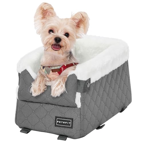 PETSFIT Center Console Dog Car Seat with Safe Protection Hooks, Pet Car Seat with Upgraded Safety Tethers, Washable Cushion, Console Dog Car Seats for Small Dogs Up to 8 Lbs (Grey) - color: Grey