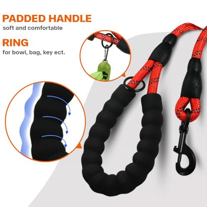 Rope Dog Leash with Comfortable Padded Handle, Highly Reflective Threads Leash for Medium Large Dogs (Red,3/8" x 6.5 FT)