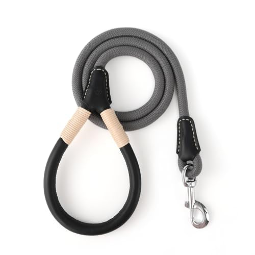 Mile High Life Dog Leash, Rope Leash with Genuine Leather Handle and Heavy Duty Metal Clasp, Great for Small Medium Large Dogs (Gray, 4FT) - color: Leather Handle-Gray, size: 48 Inch-1/2"