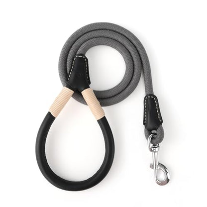 Mile High Life Dog Leash, Rope Leash with Genuine Leather Handle and Heavy Duty Metal Clasp, Great for Small Medium Large Dogs (Gray, 4FT) - color: Leather Handle-Gray, size: 48 Inch-1/2"