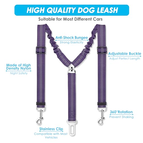 SlowTon Dog Seat Belt, Double Dog Seatbelt Adjustable Vehicle Safety Leash with Elastic Bungee Buffer, Reflective No Tangle Y Shape Two Dog Harness Seat Belt Splitter for Pets Car Trip (Purple, M) - color: H.Purple, size: 2 Medium in 1