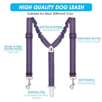 SlowTon Dog Seat Belt, Double Dog Seatbelt Adjustable Vehicle Safety Leash with Elastic Bungee Buffer, Reflective No Tangle Y Shape Two Dog Harness Seat Belt Splitter for Pets Car Trip (Purple, M) - color: H.Purple, size: 2 Medium in 1