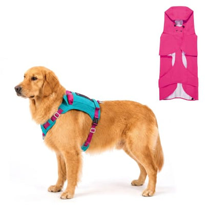 2-in-1 Dog Harness with Built-in Raincoat, Waterproof Packable Dog Rain Jacket, Reflective Adjustable Dog Rain Coat with Leash Portal, Aqua Blue Harness/Rose Red Raincoat, Large - color: Aqua Blue Harness / Rose Red Raincoat, size: Large
