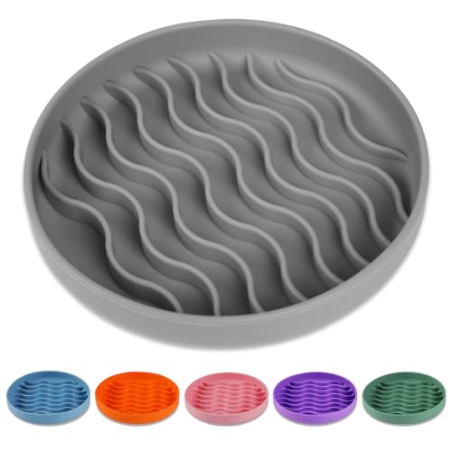 Slow Feeder Dog Bowls, Silicone Food Bowl Anti-Gulping, Pets Puppy Slow Feeder with Suction Cups, Dishwasher Microwave Safe for All Small Medium Dogs, Wave Design Grey - color: grey
