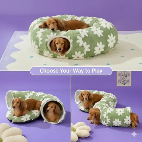 SnugTail Dachshund Tunnel Bed - Flower Design Plush Foldable Dog Bed (Medium)