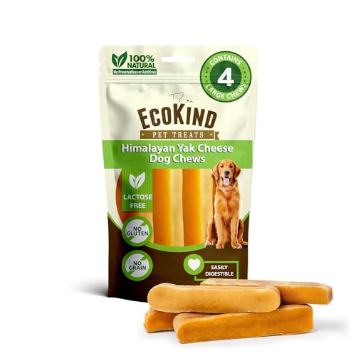 EcoKind Yak Cheese Himalayan Dog Chews, Yak Chews for Large Dogs, Long Lasting Bone for Aggressive Chewers, 3 Ingredient Natural High Protein Dog Treat, No Additives or Lactose, Large - 4 Chews (1 lb)