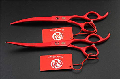 Purple Dragon Professional 7.0 inch 4PCS Pet Grooming Scissors Kit Japan Premium Steel Straight & Curved & Thinning Blade Dog Hair Cutting Shears Set with Case - color: Red