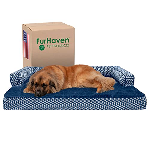 Furhaven Cooling Gel Dog Bed for Large Dogs w/ Removable Bolsters & Washable Cover, For Dogs Up to 125 lbs - Plush & Woven Decor Comfy Couch Sofa - Diamond Blue, Jumbo Plus/XXL - color: Diamond Blue (Plush & Woven Décor), size: Jumbo Plus